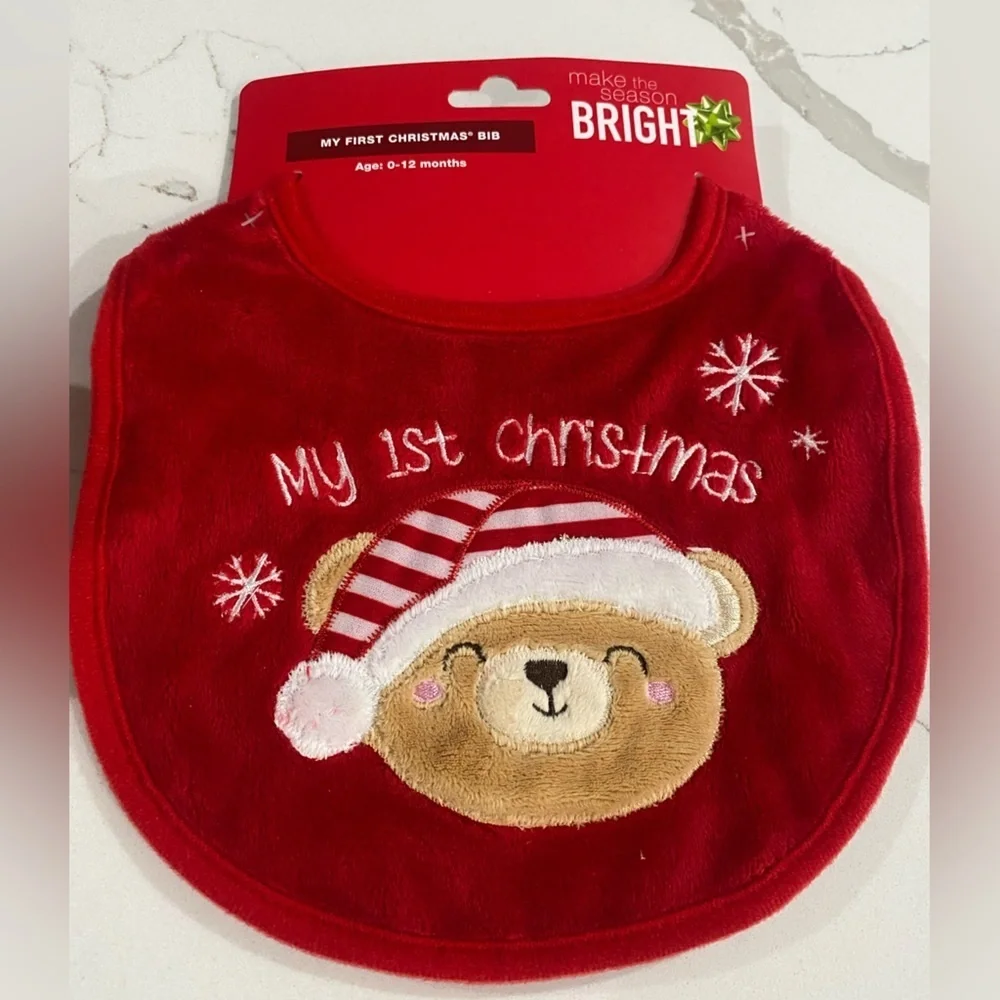 NWT Infants Baby's First Christmas Bib‎ & Booties Set Red